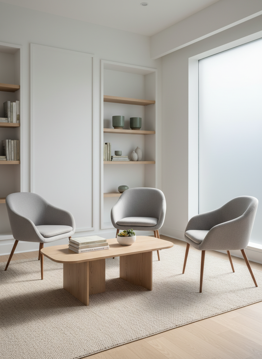 A set of elegant, soft-gray upholstered armchairs arranged in a semi-circle around a light natural-wood coffee table, all set on a subtle textured beige rug. The environment is a spacious, serene consultation room featuring crisp white walls, clean architectural lines, and tall, minimalist shelves neatly displaying plant pots and a few mental health books. Gentle diffused daylight flows in through a large frosted window, creating calm highlights and gentle shadows. The mood is composed, professional, and inviting. Photographed at eye-level with balanced composition and immaculate sharpness throughout, capturing a corporate, ultra-clean, photographic realism style ideal for a psychological health center.